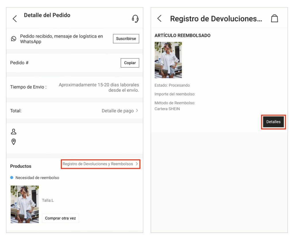 como hacer un cambio de talla en shein paso a paso