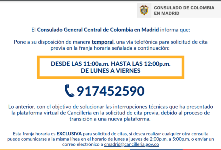 Cuál es el teléfono del consulado colombiano en Madrid
