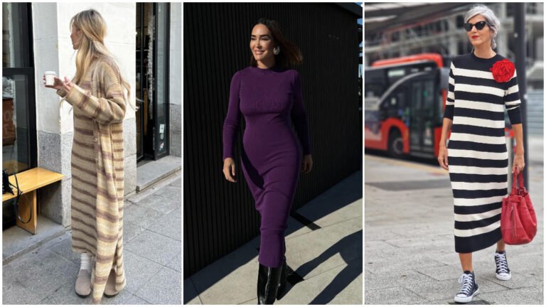 Qué características tiene un vestido midi de punto con manga larga