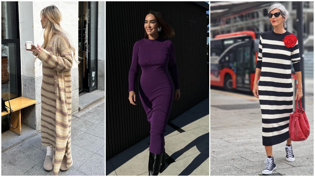 que caracteristicas tiene un vestido midi de punto con manga larga